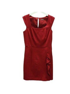 Express Red Side Ruffle Detail Dress Square Neck Keyhole Back